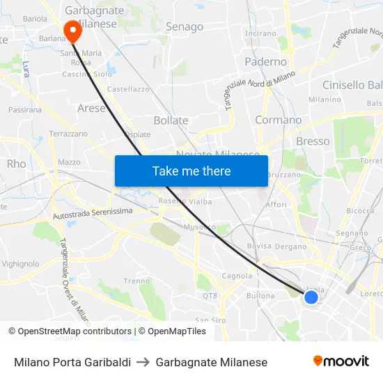 Milano Porta Garibaldi to Garbagnate Milanese map