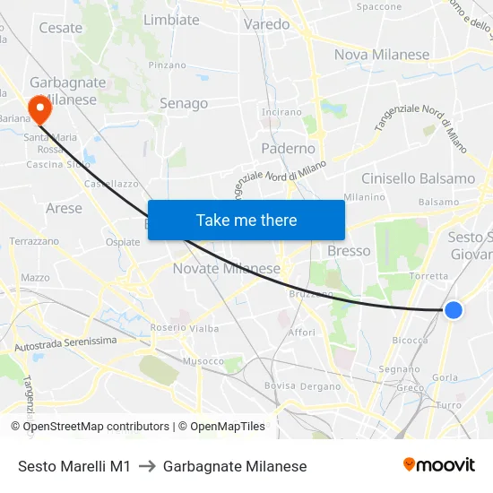 Sesto Marelli M1 to Garbagnate Milanese map