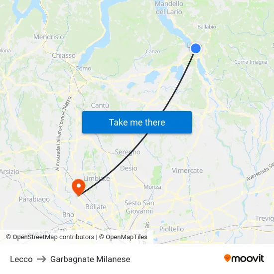 Lecco to Garbagnate Milanese map