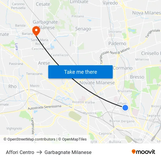 Affori Centro to Garbagnate Milanese map