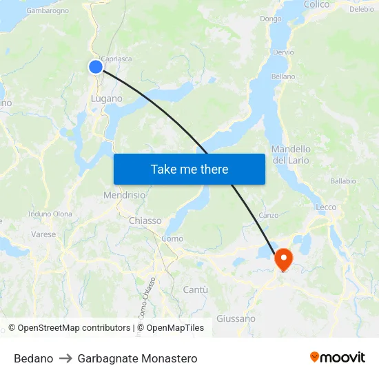 Bedano to Garbagnate Monastero map