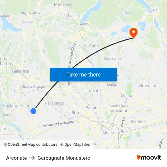 Arconate to Garbagnate Monastero map