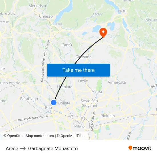 Arese to Garbagnate Monastero map