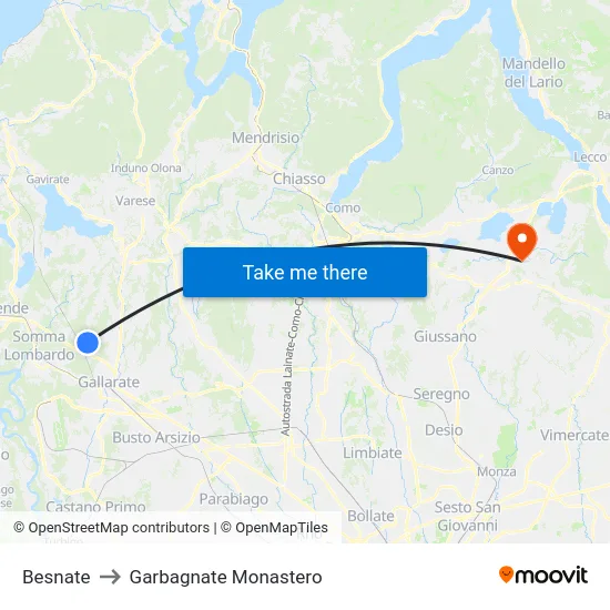 Besnate to Garbagnate Monastero map