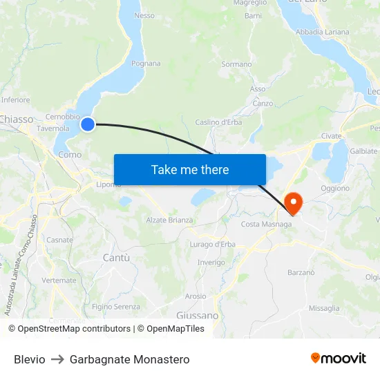 Blevio to Garbagnate Monastero map