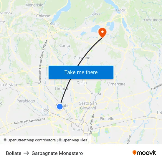 Bollate to Garbagnate Monastero map
