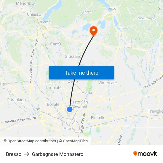 Bresso to Garbagnate Monastero map