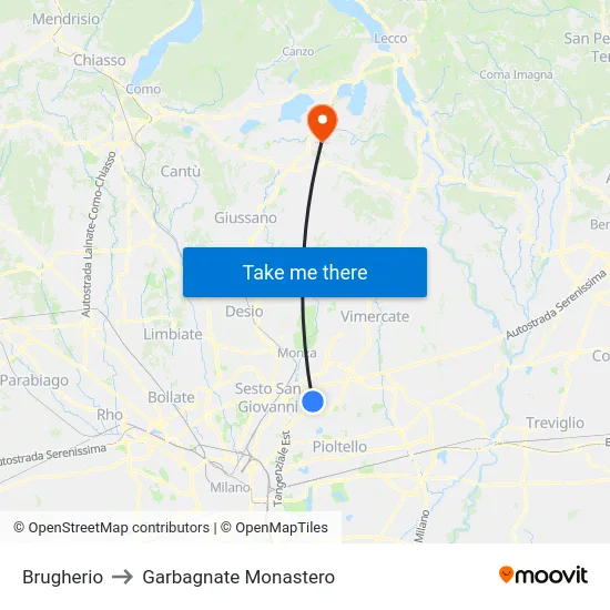 Brugherio to Garbagnate Monastero map