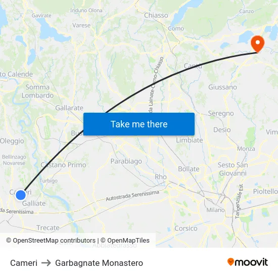 Cameri to Garbagnate Monastero map