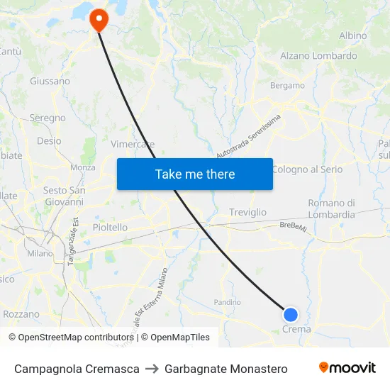 Campagnola Cremasca to Garbagnate Monastero map