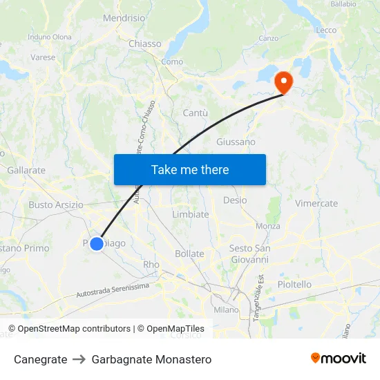 Canegrate to Garbagnate Monastero map