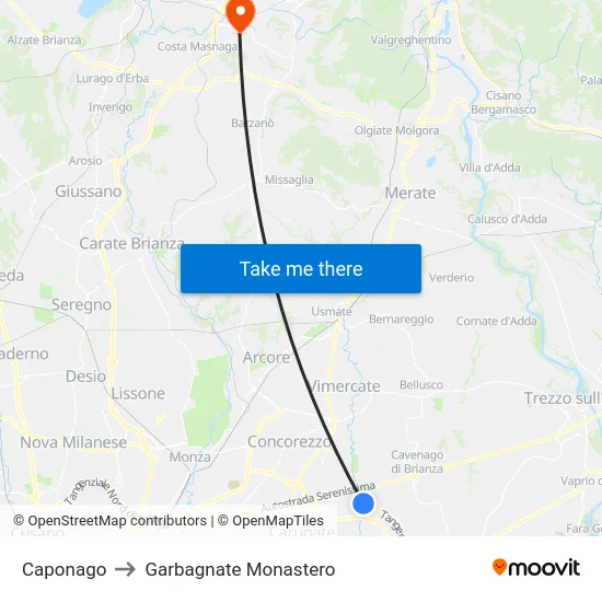 Caponago to Garbagnate Monastero map