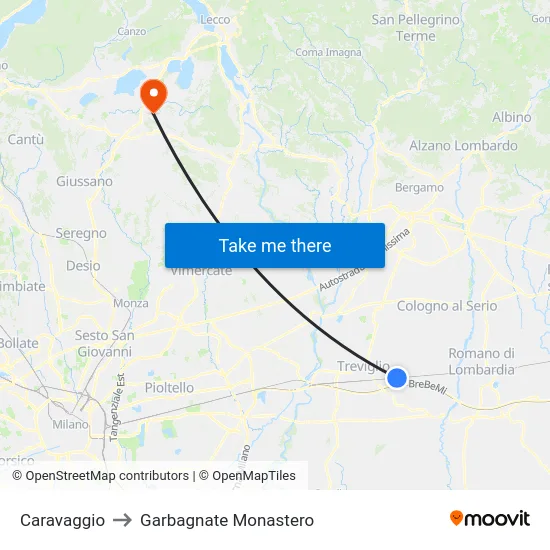 Caravaggio to Garbagnate Monastero map
