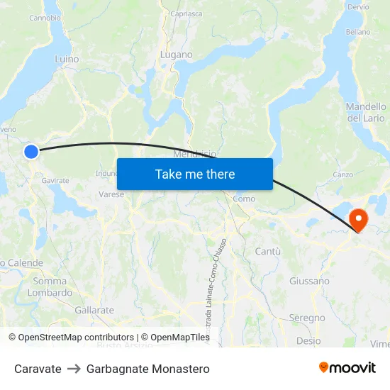 Caravate to Garbagnate Monastero map