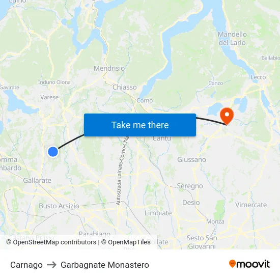 Carnago to Garbagnate Monastero map