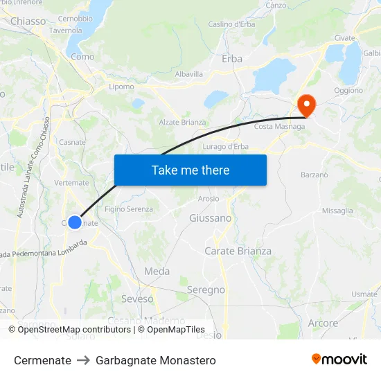 Cermenate to Garbagnate Monastero map