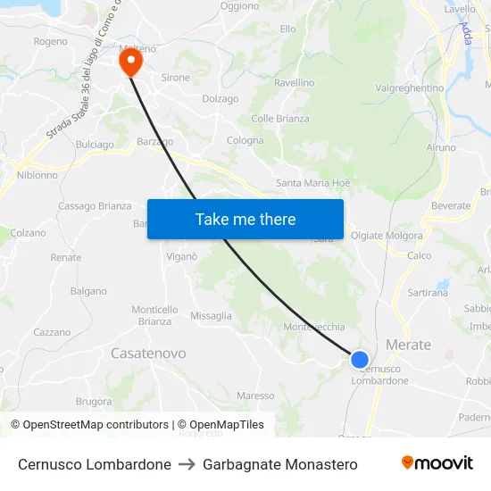 Cernusco Lombardone to Garbagnate Monastero map