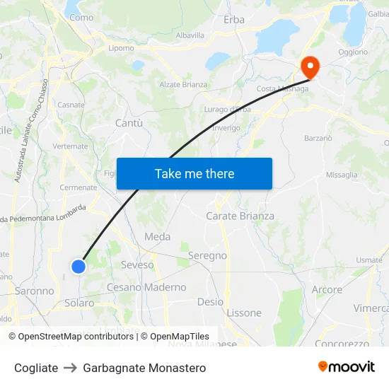 Cogliate to Garbagnate Monastero map