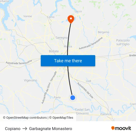 Copiano to Garbagnate Monastero map