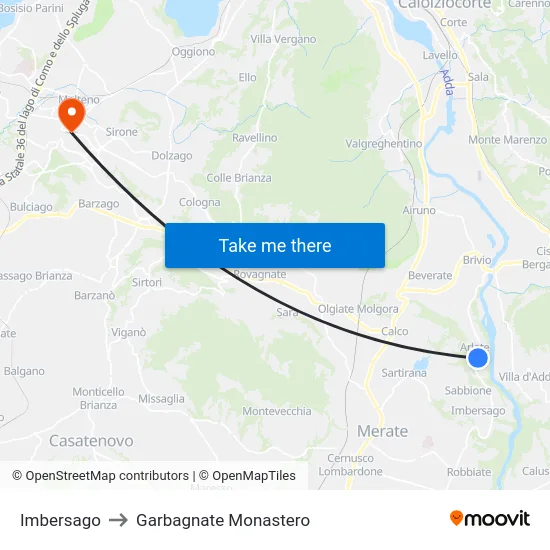 Imbersago to Garbagnate Monastero map