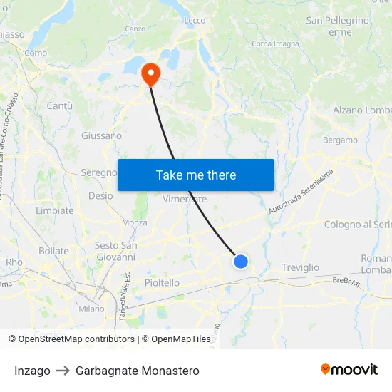 Inzago to Garbagnate Monastero map