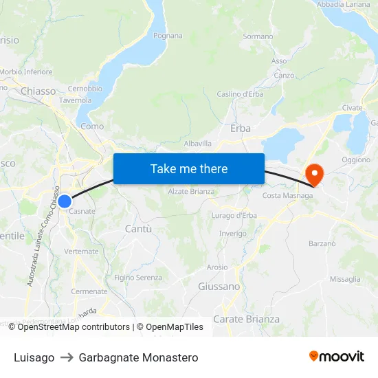 Luisago to Garbagnate Monastero map