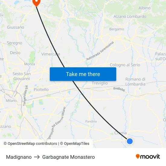 Madignano to Garbagnate Monastero map