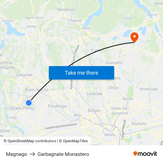 Magnago to Garbagnate Monastero map