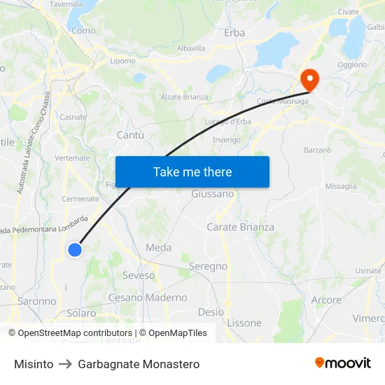 Misinto to Garbagnate Monastero map