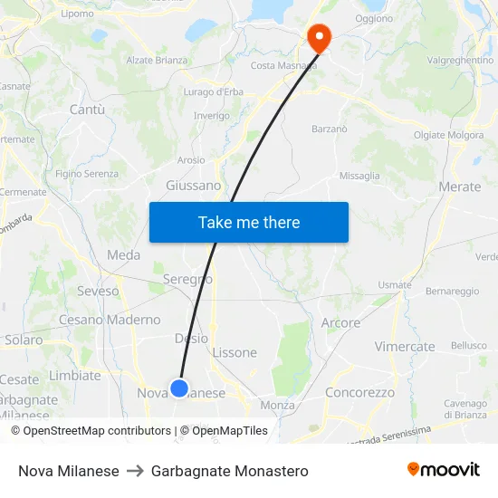 Nova Milanese to Garbagnate Monastero map