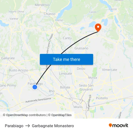 Parabiago to Garbagnate Monastero map