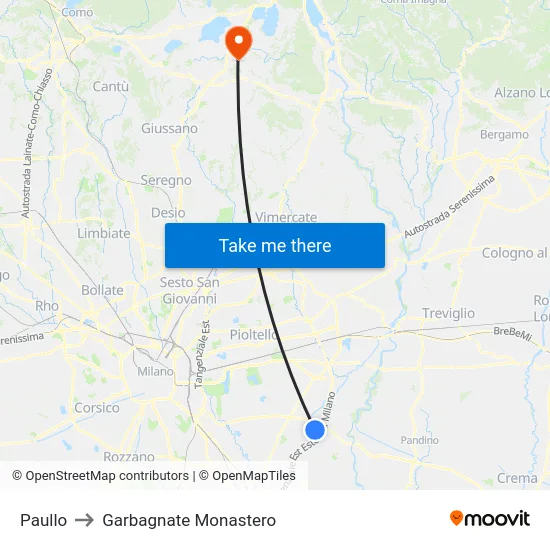 Paullo to Garbagnate Monastero map