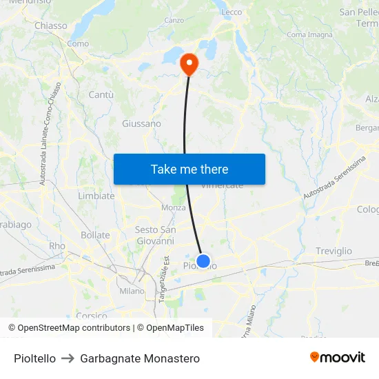 Pioltello to Garbagnate Monastero map
