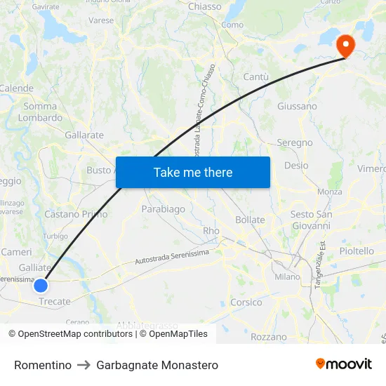 Romentino to Garbagnate Monastero map