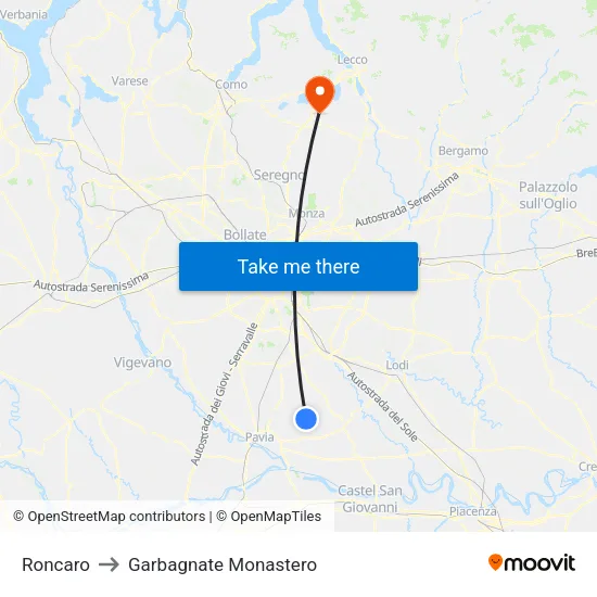 Roncaro to Garbagnate Monastero map