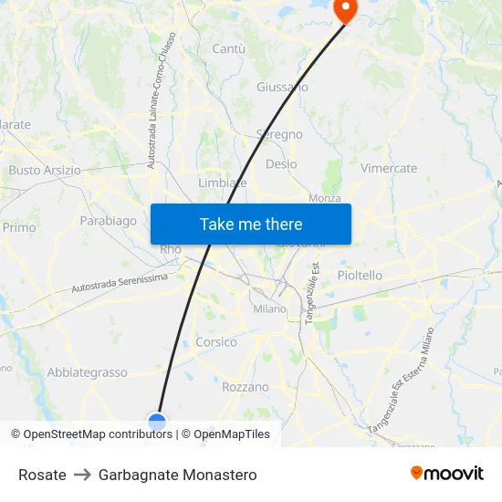 Rosate to Garbagnate Monastero map