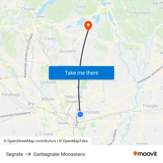 Segrate to Garbagnate Monastero map
