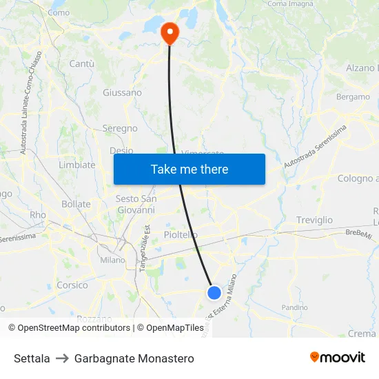 Settala to Garbagnate Monastero map