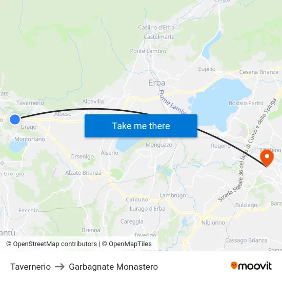 Tavernerio to Garbagnate Monastero map