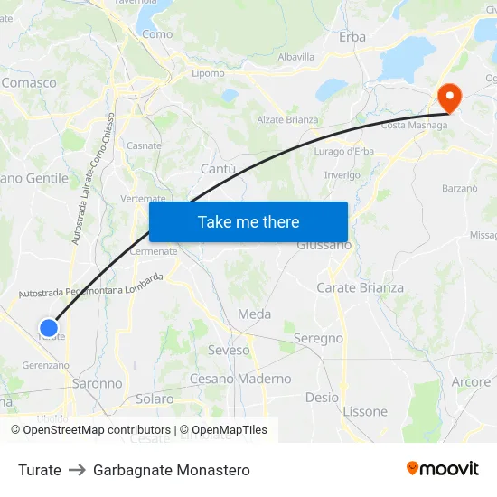 Turate to Garbagnate Monastero map