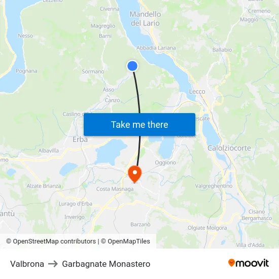 Valbrona to Garbagnate Monastero map