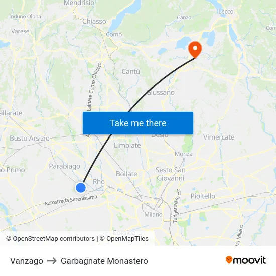 Vanzago to Garbagnate Monastero map