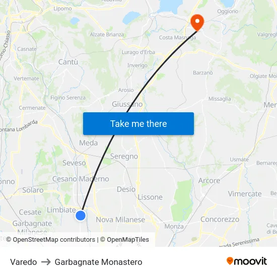 Varedo to Garbagnate Monastero map