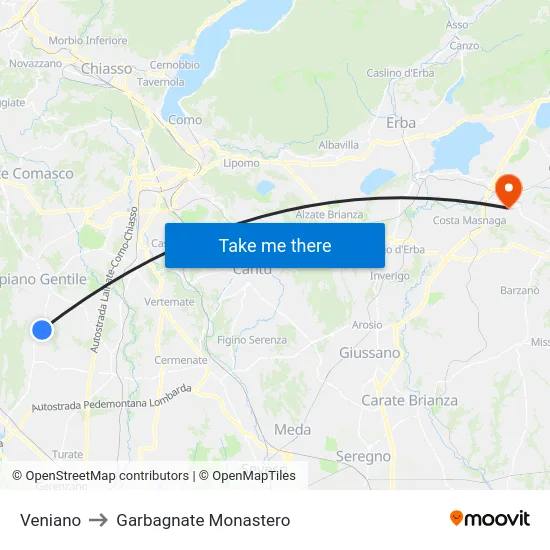 Veniano to Garbagnate Monastero map