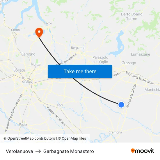 Verolanuova to Garbagnate Monastero map