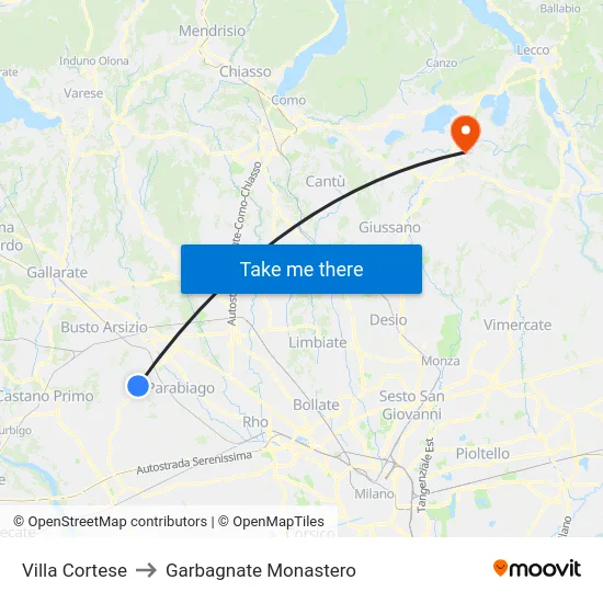 Villa Cortese to Garbagnate Monastero map