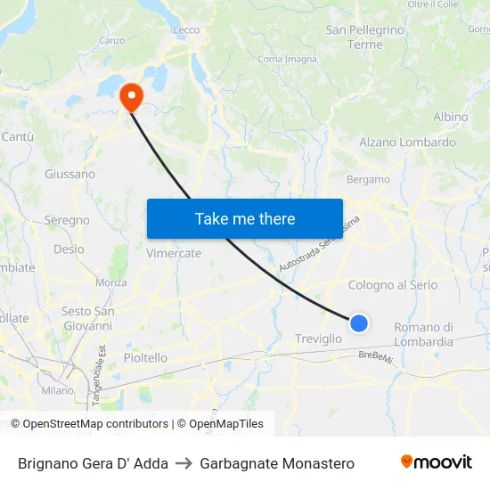 Brignano Gera D' Adda to Garbagnate Monastero map