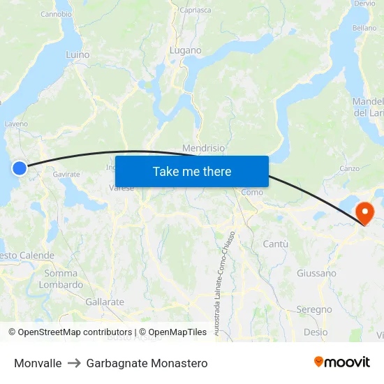 Monvalle to Garbagnate Monastero map
