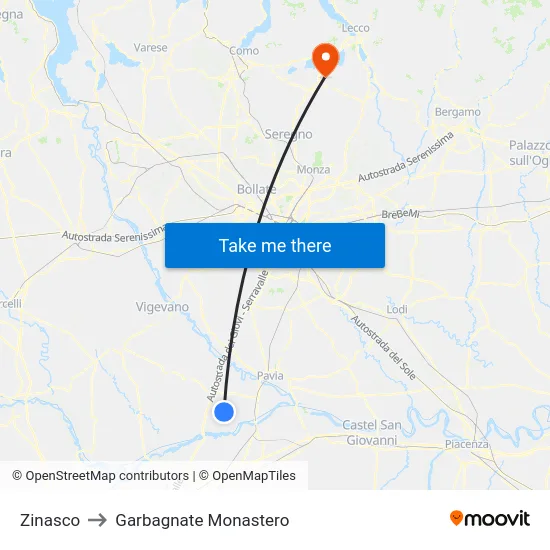 Zinasco to Garbagnate Monastero map