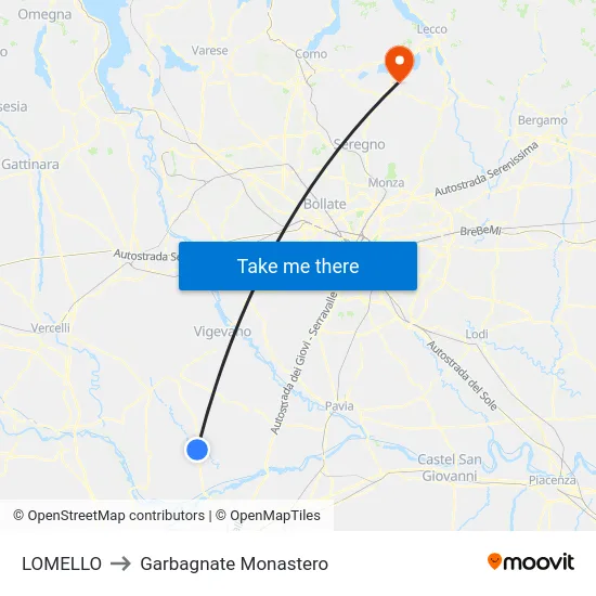 Lomello to Garbagnate Monastero map